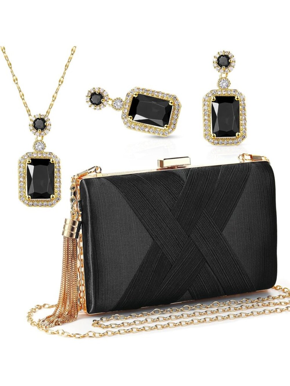 Women's Black 3 Piece Clutch Purse Set Evening Handbag Jewelry Gifts